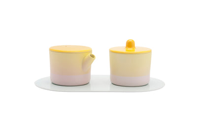 1616/ arita japan S&B MilkCan & SugarCan & Platter Set Yellow Light Pink/Light Yellow  Light Pink/Pain White