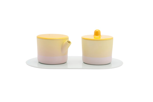 1616/ arita japan S&B MilkCan & SugarCan & Platter Set Yellow Light Pink/Light Yellow  Light Pink/Pain White